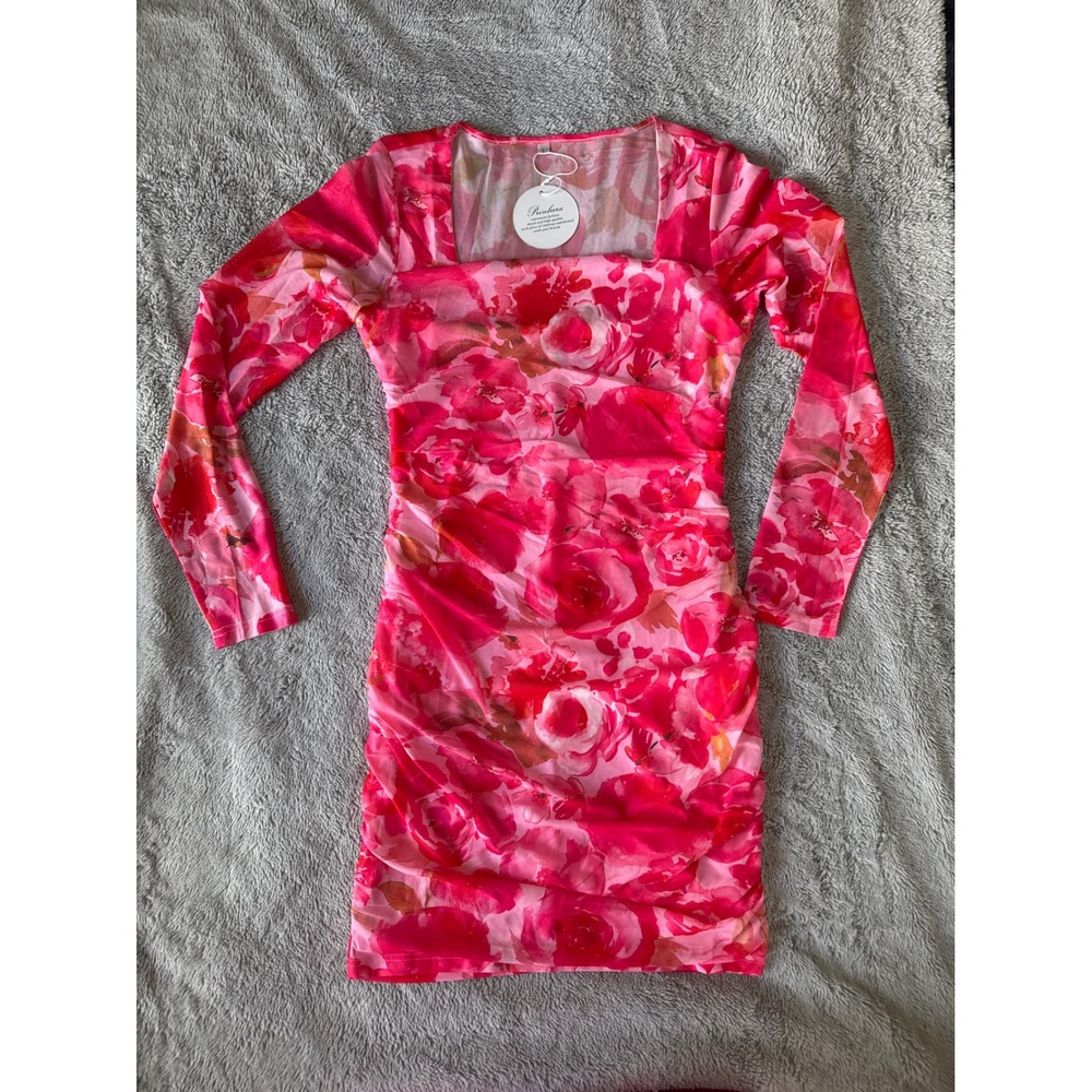 Prinbara Womens Pink Floral Mesh Ruched Bodycon Mini Dress Long Sleeve Size L